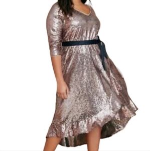 Lane Bryant Rose Gold Sequin High Low Dress with Black Tie Belt, size 14/16 NWT